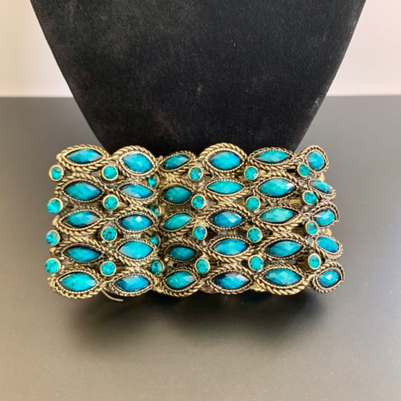 Peacock turquoise blue gold tone filigree vintage/boho stretch cuff bracelet - Picture 4 of 12